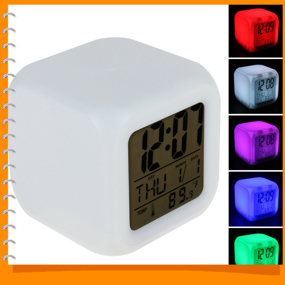 cube glowing digital alarm clock led colors changing clock with time / date week / temperature display backlight