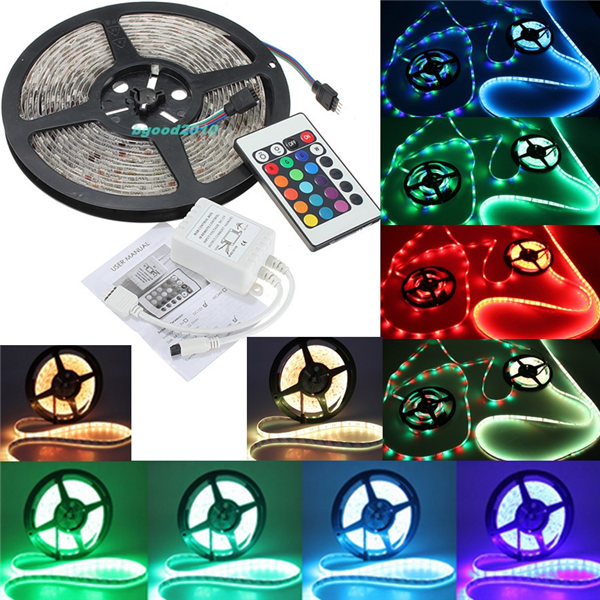 5m waterproof rgb 5050 smd 300 led flexible strip light with 24 key ir remote controller dc12v