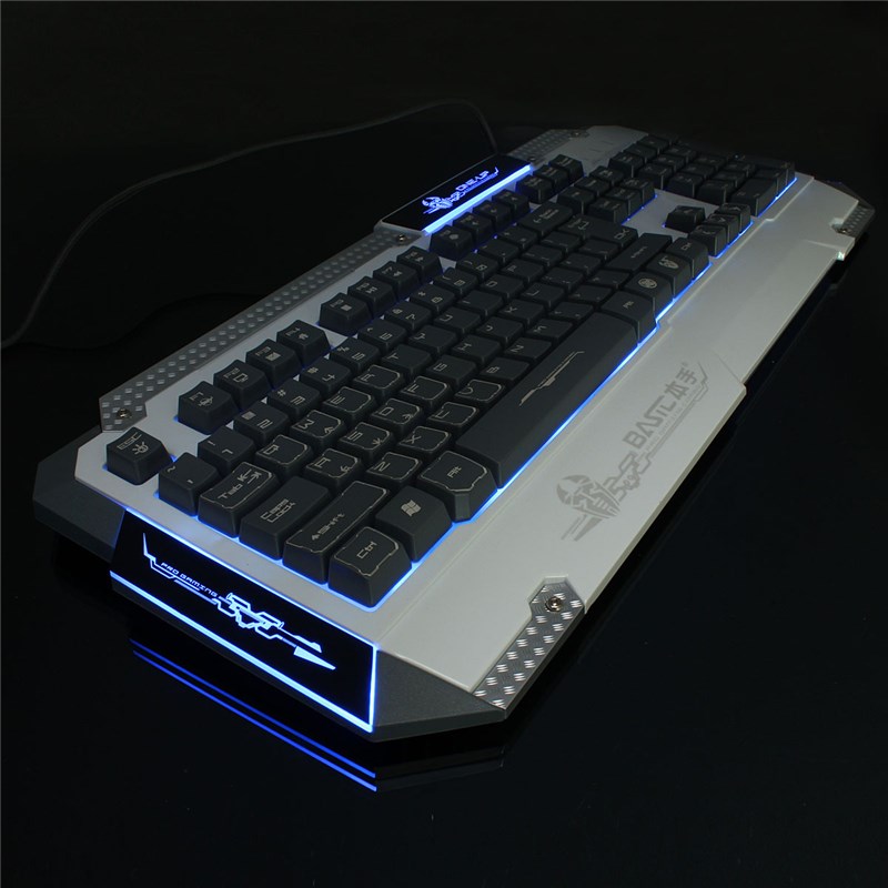 basic k-8810 blue backlight keyboard all core waterproof gaming keyboard built in steel design ps/2 interface crater structure