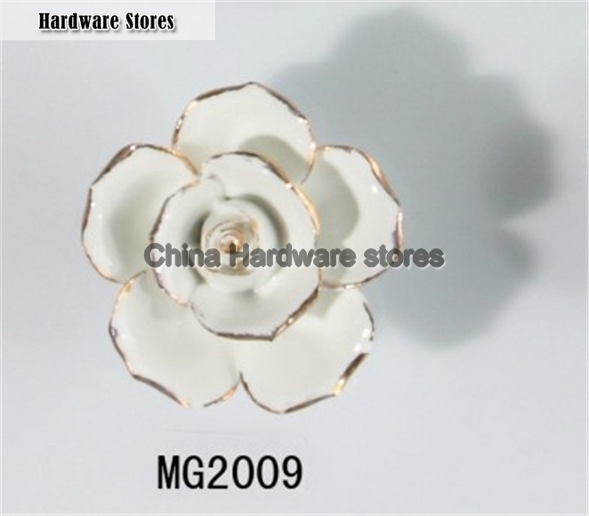 new design white ceramic flower knobs with gold edge cabinet pull kitchen cupboard knob kids drawer knobs MG2009