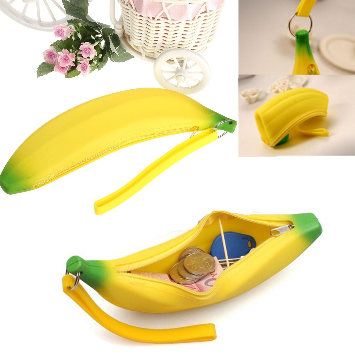 1pc fashion stylish small silicone portable banana women storage coin pencil case purse bag wallet keyring yellow pouch