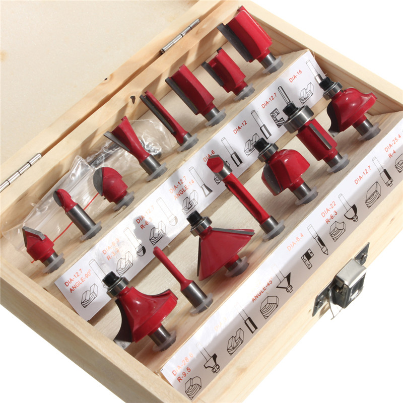 2015 new arrival 15pcs/set 1/4 tungsten professional shank carbide router bit set wood case box