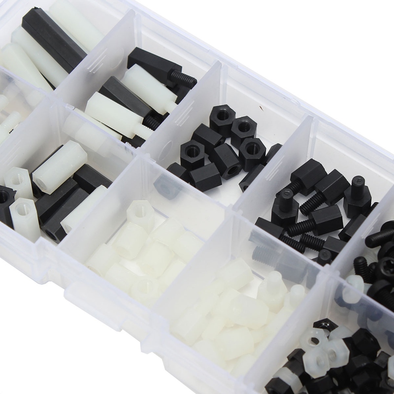 brand new! 160pcs m3 nylon black&white m-f hex spacers screws nuts assortment stand-off set excellent quality