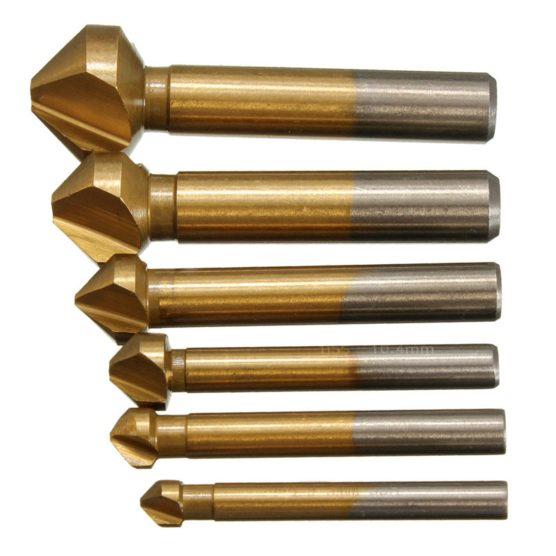 brand new 6pcs/set 3 flute hss hard metals titanium three edge chamfer chamfering end mill cutter bit countersink set drill bit