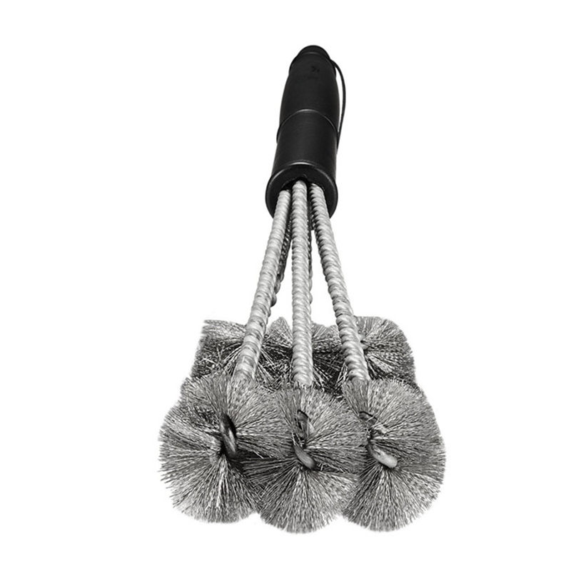 hight quality 45cm silver best barbecue grill cleaner 3 steel wire heads bbq handle cleaning brush tool