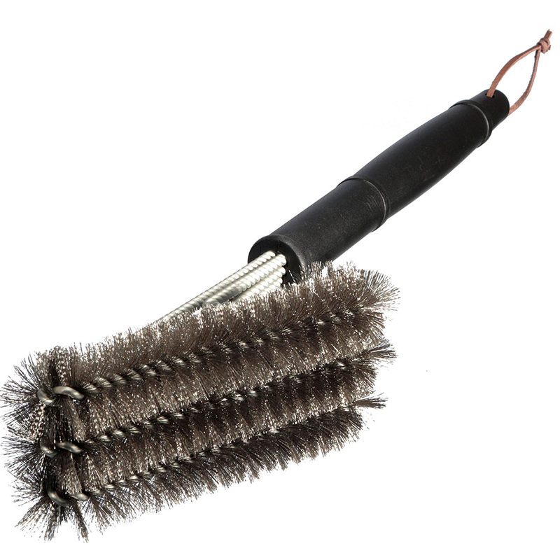 hight quality 45cm silver best barbecue grill cleaner 3 steel wire heads bbq handle cleaning brush tool
