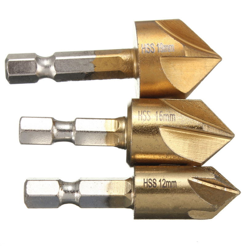 new !! high standard 3pcs flute chamfer debur countersink 1/4 hex shank 90 degree 12mm 16mm 19mm wood chamfering cutter