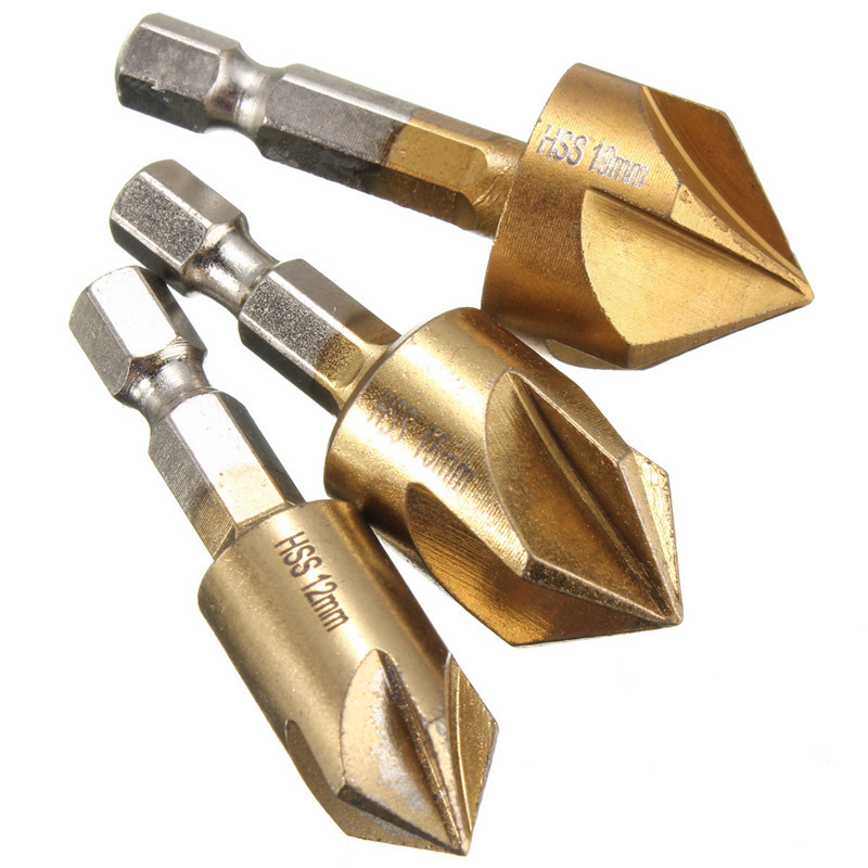 new !! high standard 3pcs flute chamfer debur countersink 1/4 hex shank 90 degree 12mm 16mm 19mm wood chamfering cutter