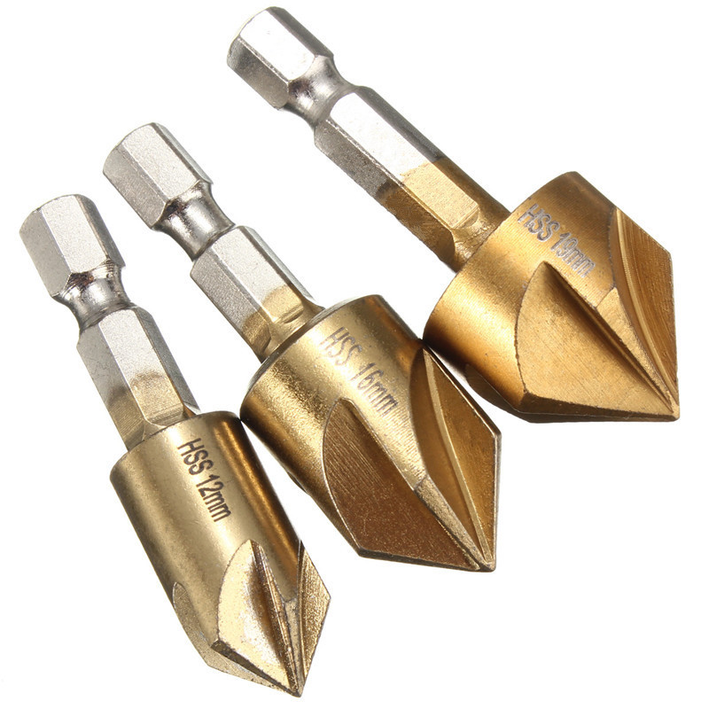 new !! high standard 3pcs flute chamfer debur countersink 1/4 hex shank 90 degree 12mm 16mm 19mm wood chamfering cutter