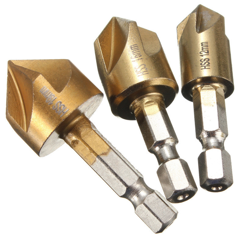 new !! high standard 3pcs flute chamfer debur countersink 1/4 hex shank 90 degree 12mm 16mm 19mm wood chamfering cutter