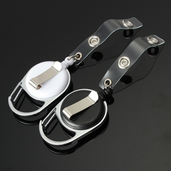 white black retractable pull key clip ring id badge name tag card holder recoil reel belt metal housing plastic covers