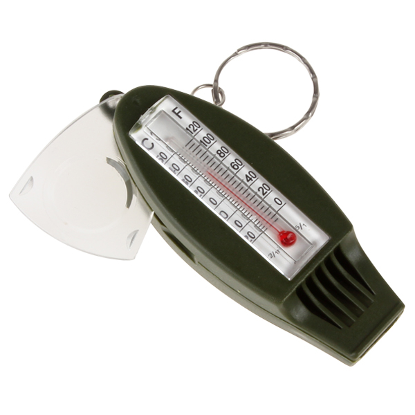 4-in-1 outdoor multifunctional military survival compass + whistle + magnifying + thermometer for camping with key ring