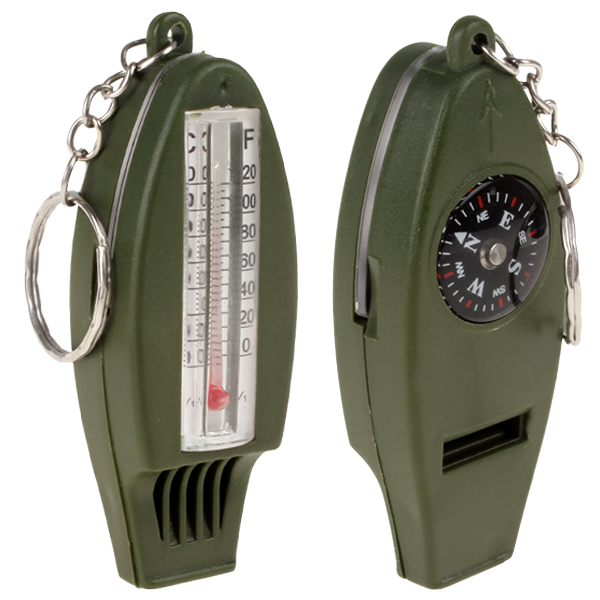 4-in-1 outdoor multifunctional military survival compass + whistle + magnifying + thermometer for camping with key ring