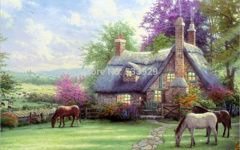 modern tds-hx023 thomas kinkade art printed painting on canvas for home living room wall decoration