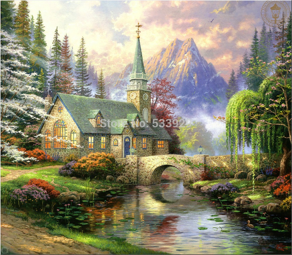 modern tds-hx051 thomas kinkade printed painting on canvas for home living room wall decoration