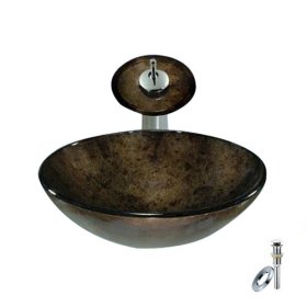 gray round tempered glass vessel sink with waterfall faucet, mounting ring and water drain gray round tempered glass vessel sink with waterfall faucet, mounting ring and water drain