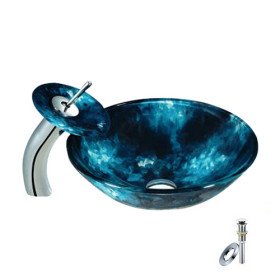 new blue round tempered glass vessel sink with waterfall faucet, mounting ring and water drain new blue round tempered glass vessel sink with waterfall faucet, mounting ring and water drain