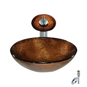 new brown round tempered glass vessel sink with waterfall faucet, mounting ring and water drain new brown round tempered glass vessel sink with waterfall faucet, mounting ring and water drain