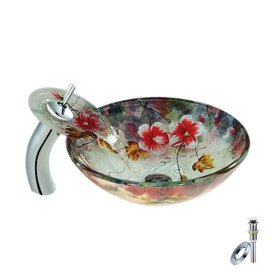 new flower round tempered glass vessel sink with waterfall faucet, mounting ring and water drain new flower round tempered glass vessel sink with waterfall faucet, mounting ring and water drain