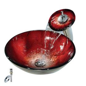 new red round tempered glass vessel sink with waterfall faucet, mounting ring and water drain new red round tempered glass vessel sink with waterfall faucet, mounting ring and water drain
