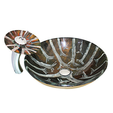 new tempered glass vessel round sink with mounting ring and waterfall faucet and pop-up drain new tempered glass vessel round sink with mounting ring and waterfall faucet and pop-up drain