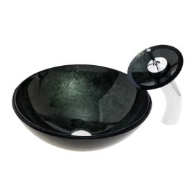 new victory darkgreen tempered glass vessel sink with waterfall faucet, mounting ring and water drain new victory darkgreen tempered glass vessel sink with waterfall faucet, mounting ring and water drain