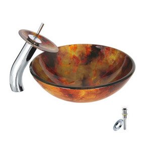 new victory round colourful tempered glass vessel sink with waterfall faucet, mounting ring and water drain