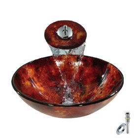 red round tempered glass vessel sink with waterfall faucet, mounting ring and water drain red round tempered glass vessel sink with waterfall faucet, mounting ring and water drain