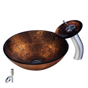 victory round brown tempered glass vessel sink with waterfall faucet, mounting ring and water drain victory round brown tempered glass vessel sink with waterfall faucet, mounting ring and water drain