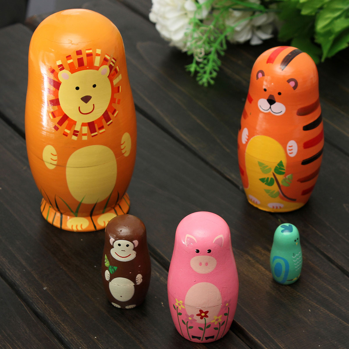 excellent quality set of 5pcs cute wooden russian nesting dolls matryoshka animal russian doll paint gift wooden toys
