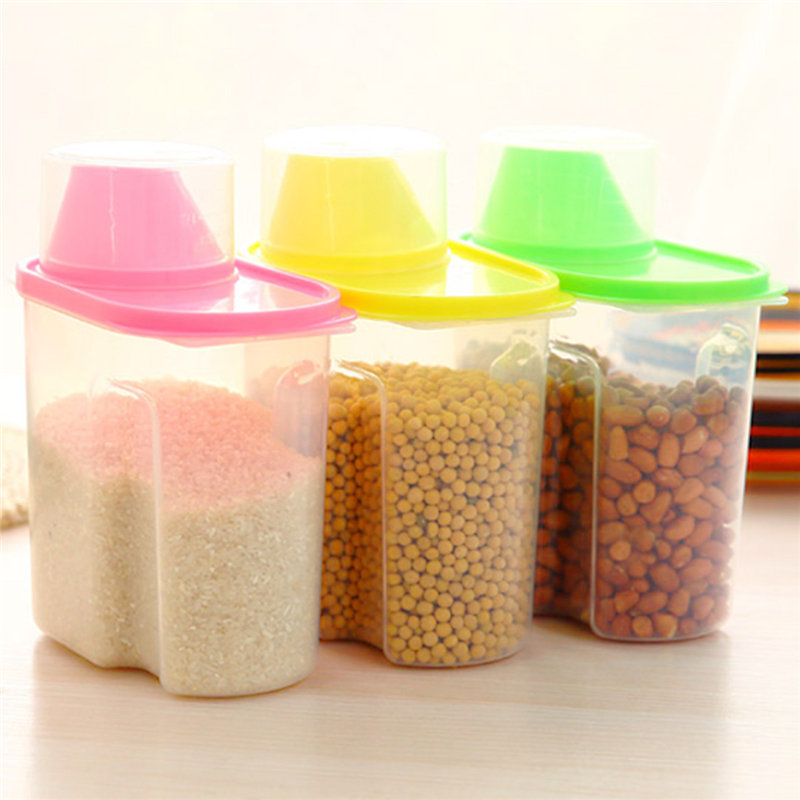best promotion dry dried food cereal flour storage rice container sealed box 1.8l 3 colors with a measuring cup