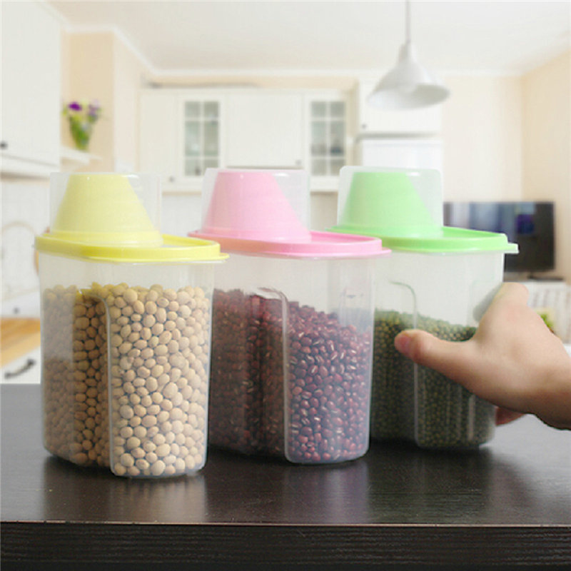 best promotion dry dried food cereal flour storage rice container sealed box 1.8l 3 colors with a measuring cup